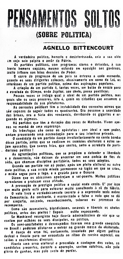 Coluna escrita por Agnello Bittencourt publicada em O Jornal
