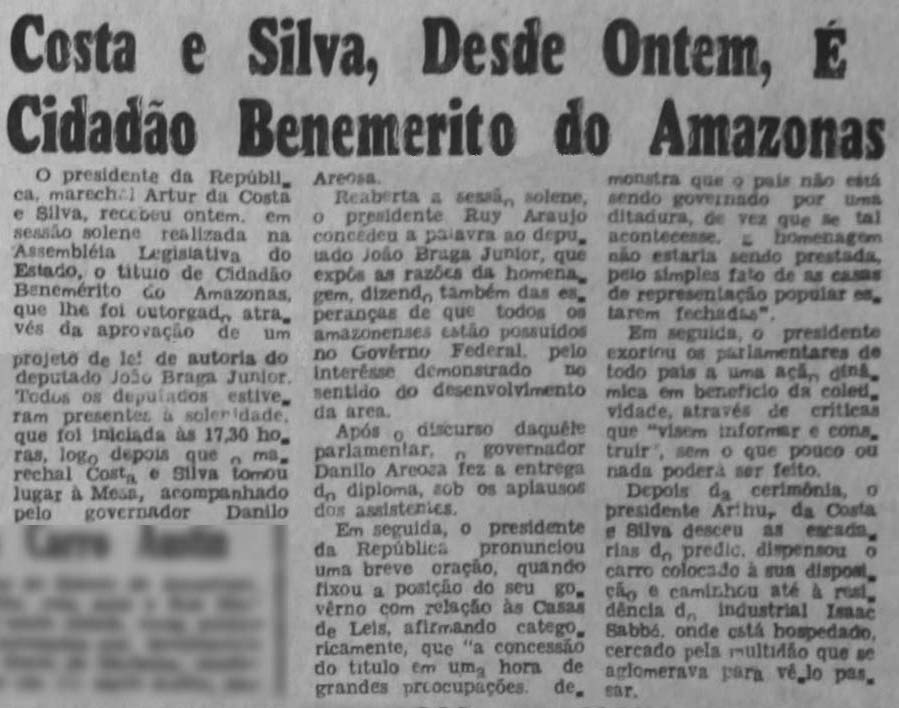 Costa e Silva como Cidadão Benemérito do Amazonas
