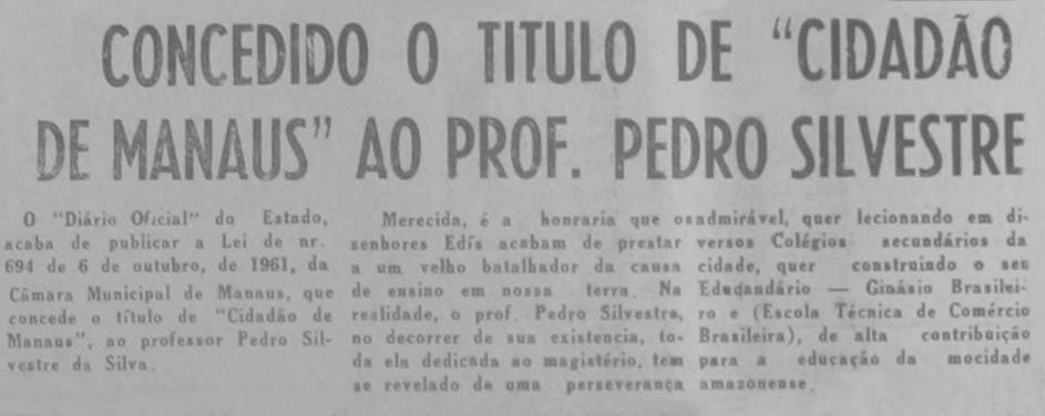 Professor Pedro Silvestre e o Título de Cidadão de Manaus